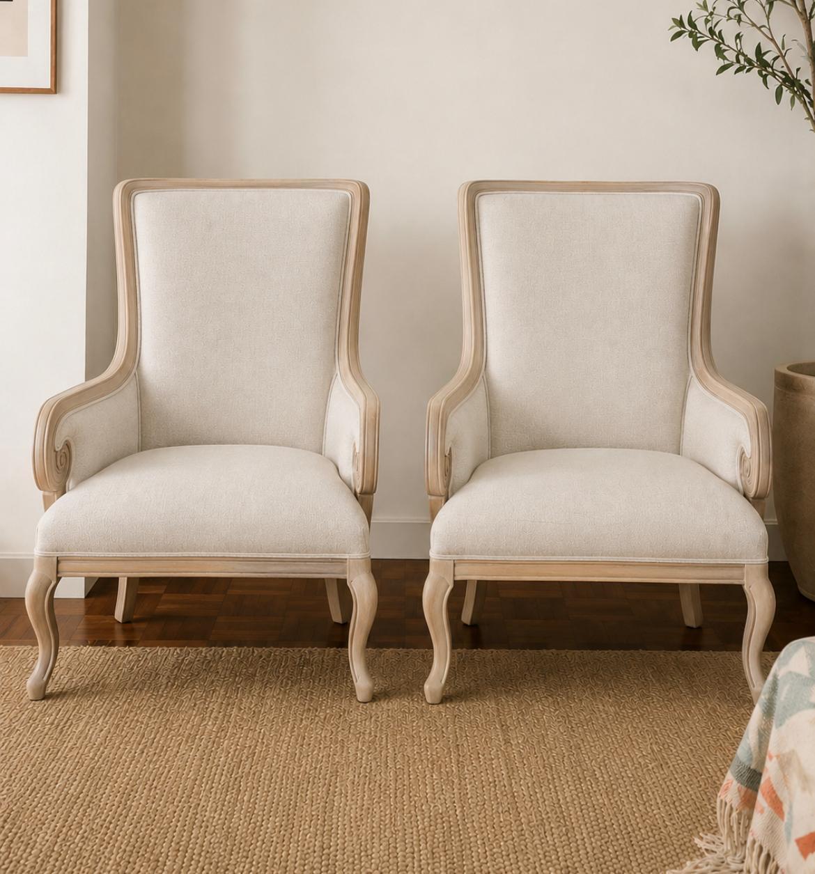 Reference image showing the requested light natural wood finish for two occasional chairs
